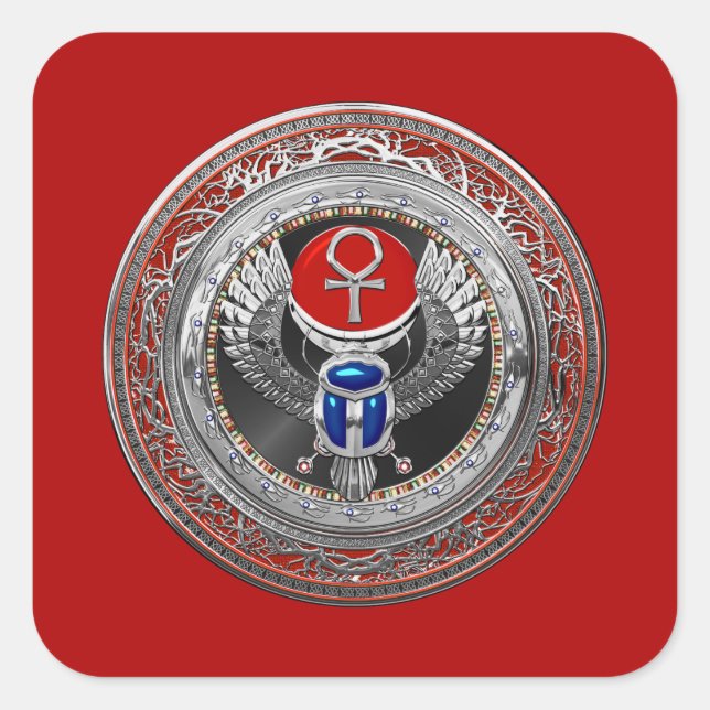 [600] Sacred Silver Egyptian Winged Scarab & Ankh Quadratischer Aufkleber (Vorderseite)
