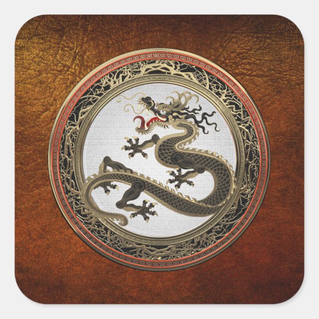 [600] Schwarzer und Gold Heiliger Ostdrache Quadratischer Aufkleber (Vorderseite)