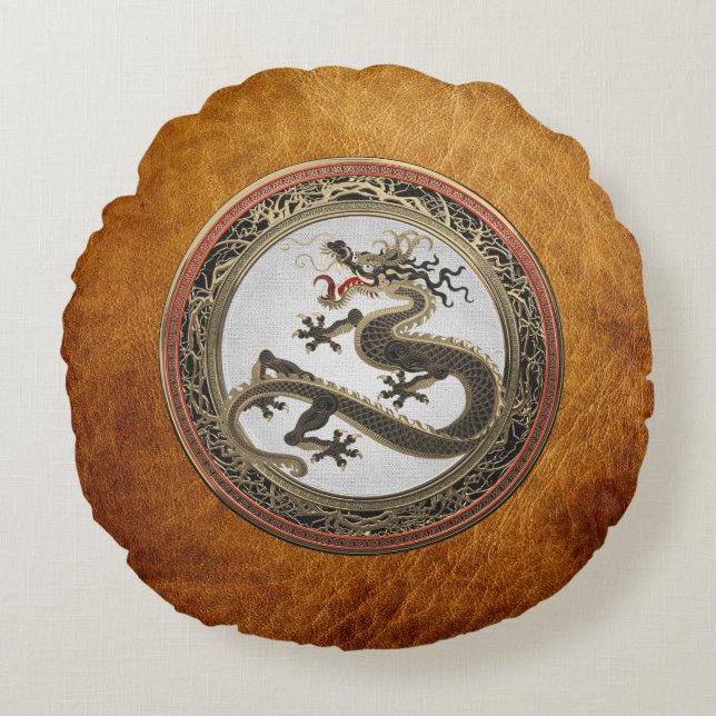 [600] Schwarzer und Gold Heiliger Ostdrache Rundes Kissen (Vorderseite)