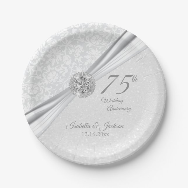 60./75. Diamant Jubiläum auf dem Weißen Glitzer Pappteller (Vorderseite)