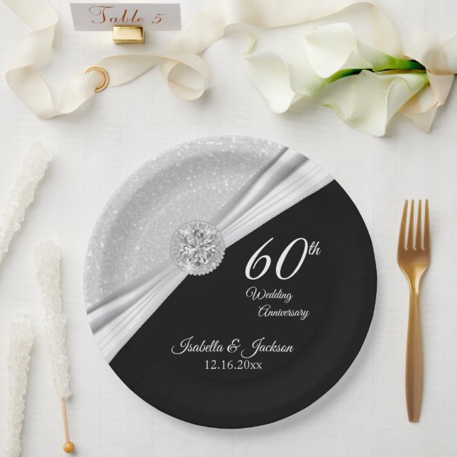 60. / 75. Diamond Wedding Jubiläum auf Balck Pappteller (Hochzeit)