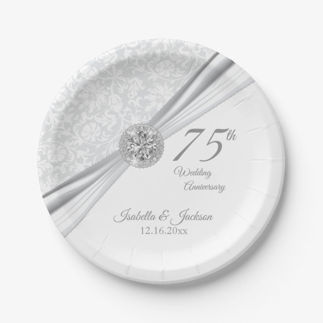 60. / 75. Diamond Wedding Jubiläum auf Weiß Pappteller (Vorderseite)