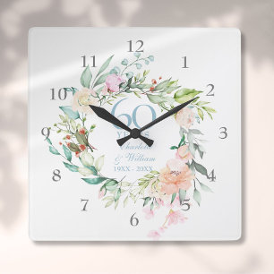 60. / 75. Hochzeitsjubiläum-Rosen-Girlande Quadratische Wanduhr