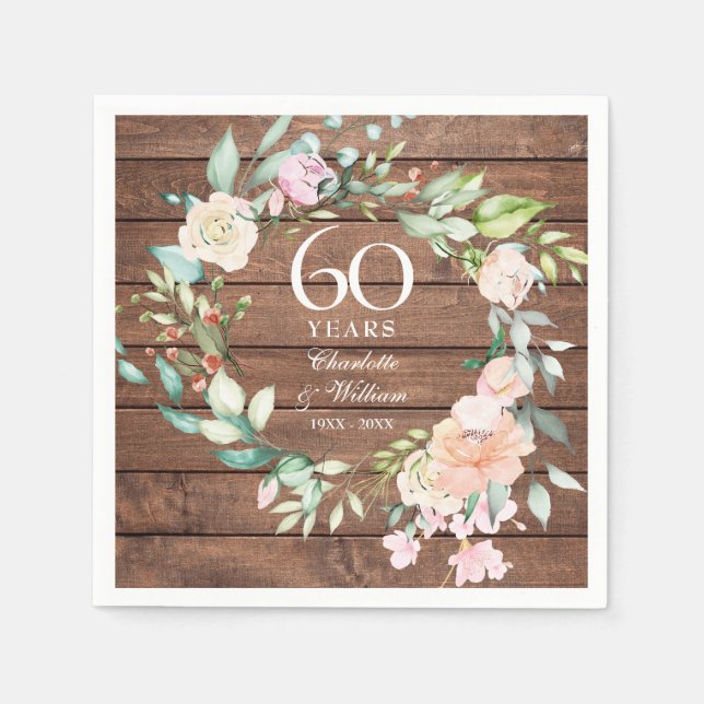 60. 75. Hochzeitstag Rustikale Holzblume Serviette (Vorderseite)