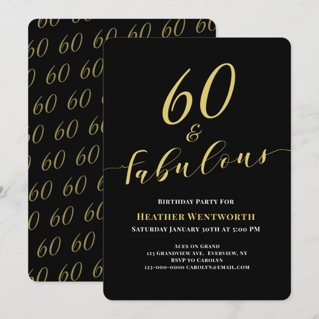 60 and Fabulous 60th Birthday Gold Black Script Einladung (Vorne/Hinten)