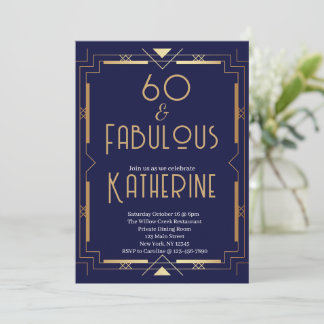 60 and Fabulous 60th Birthday Party Art Deco Navy Einladung
