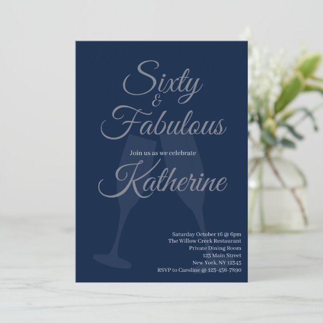 60 and Fabulous | 60th Birthday Party Blue Script Einladung (Stehend Vorderseite)
