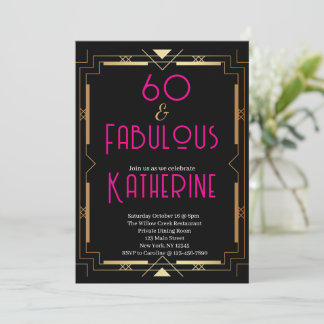 60 and Fabulous 60th Birthday Party Pink Art Deco Einladung