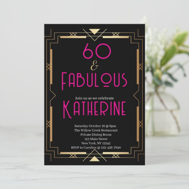 60 and Fabulous 60th Birthday Party Pink Art Deco Einladung (Stehend Vorderseite)