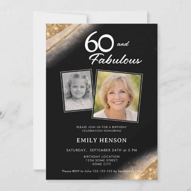 60 and Fabulous Gold Black 2 Photo Birthday Einladung (Vorderseite)