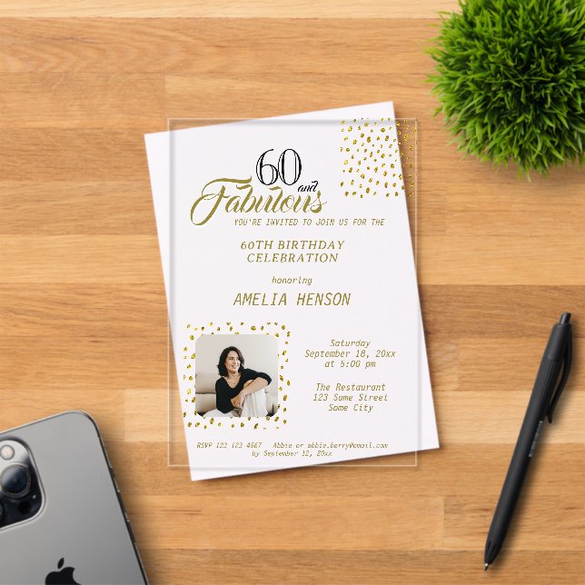 60 and Fabulous Gold Glitter Photo 60th Birthday Acryleinladungen (Insitu (Einladungskarte))