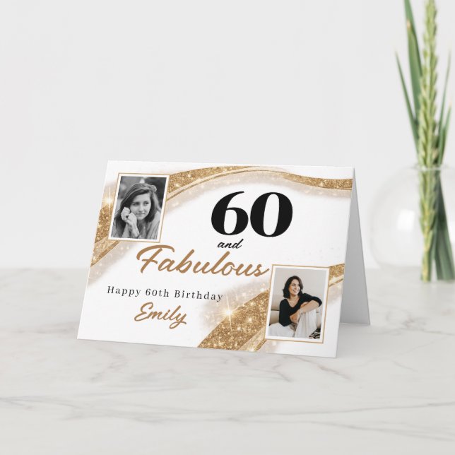 60 and Fabulous Gold Glitter Photo 60th Birthday Karte (Vorderseite)