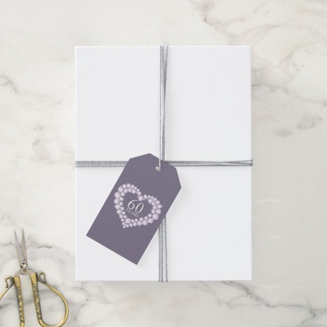 60 ans losange effet coeur étiquettes cadeaux (Avec de la ficelle)