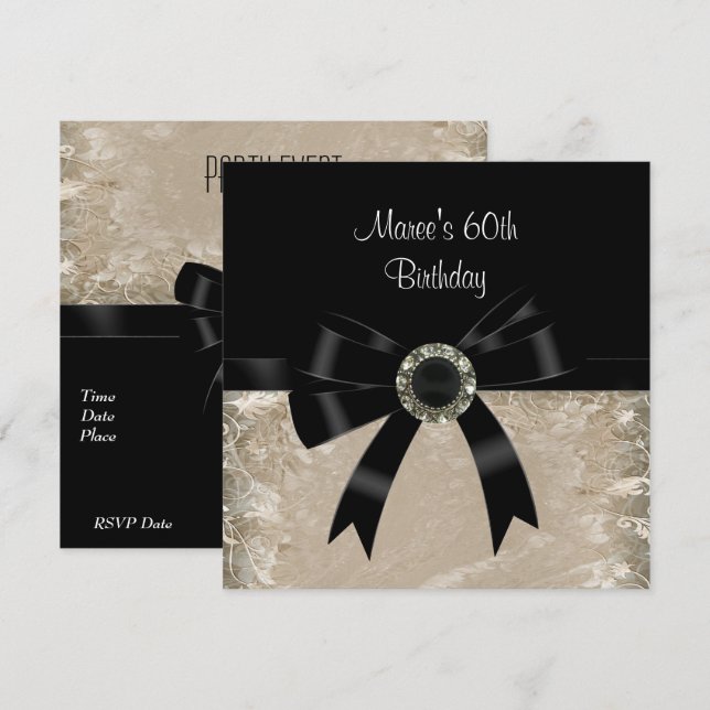 60. Antique Paper Black Diamond Jewel Bow Einladung (Vorne/Hinten)