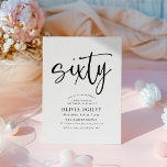 60. B&W Birthday Party Moderne Script Typografie Einladung<br><div class="desc">Dieses moderne, schwarz-weiße Design besticht durch das Wort "sechzig" in einer Schriftzeichen-Kalligraphie und eine elegante, moderne Typografie mit klassischen Serif-Schriftart. Die Einladungen verwandeln sich in ein zartes, sich wiederholendes Dreieck-Muster in Schwarz und Farbgrau. Geeignet für Damen und Herren. Wählen Sie aus gedruckten Zazzle-Einladungen mit verschiedenen Eckstilen und herrlichem Papierbestand, oder...</div>