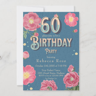 60. Blumen-Geburtstagseinladung, Vintage-Rosen Einladung