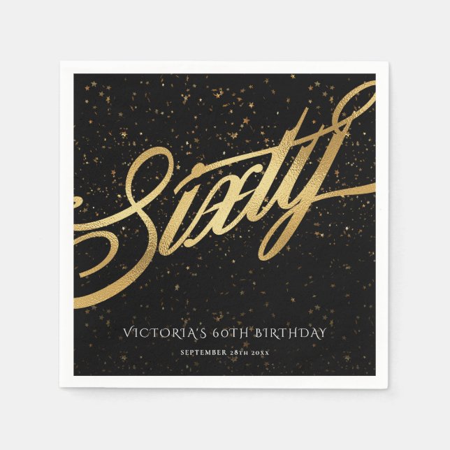 60. Confetti Elegant Calligraphy Gold Black Serviette (Vorderseite)