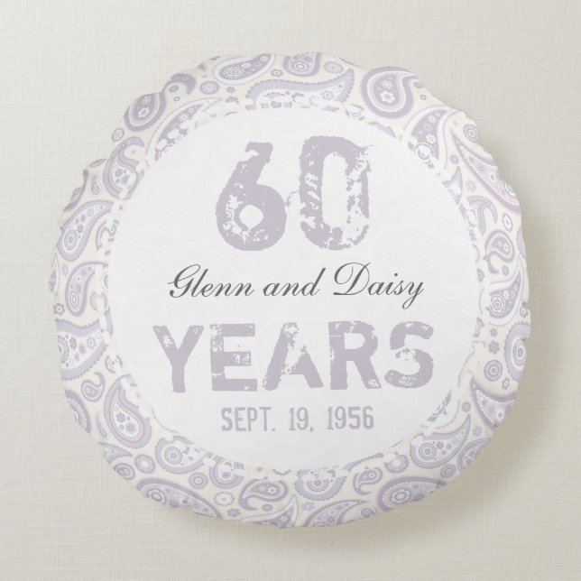 60. Diamant-Hochzeitstag-Paisley-Muster Rundes Kissen (Vorderseite)