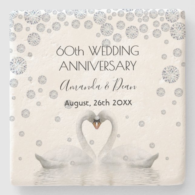 60. Diamantenhochzeit mit weißen Schwänen Steinuntersetzer (Vorderseite)
