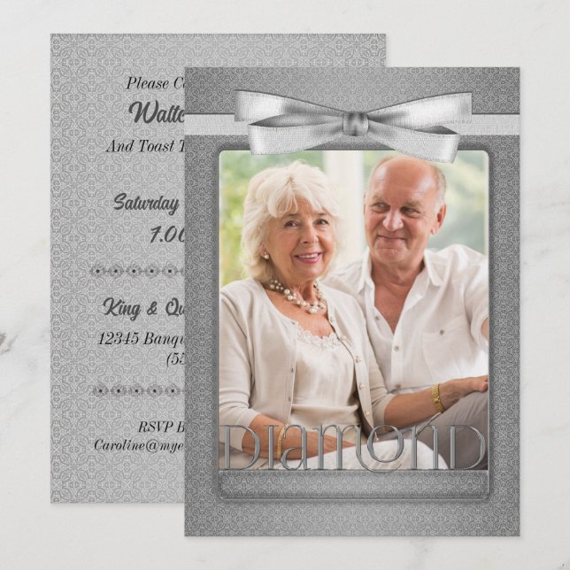 60. Diamond Anniversary Damask Party mit Foto Einladung (Vorne/Hinten)