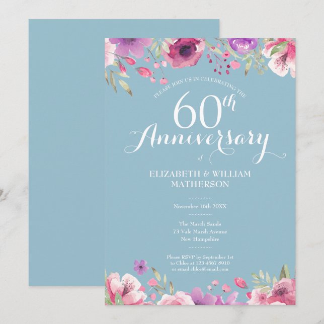 60. Diamond Wedding Anniversary Country Floral Einladung (Vorne/Hinten)