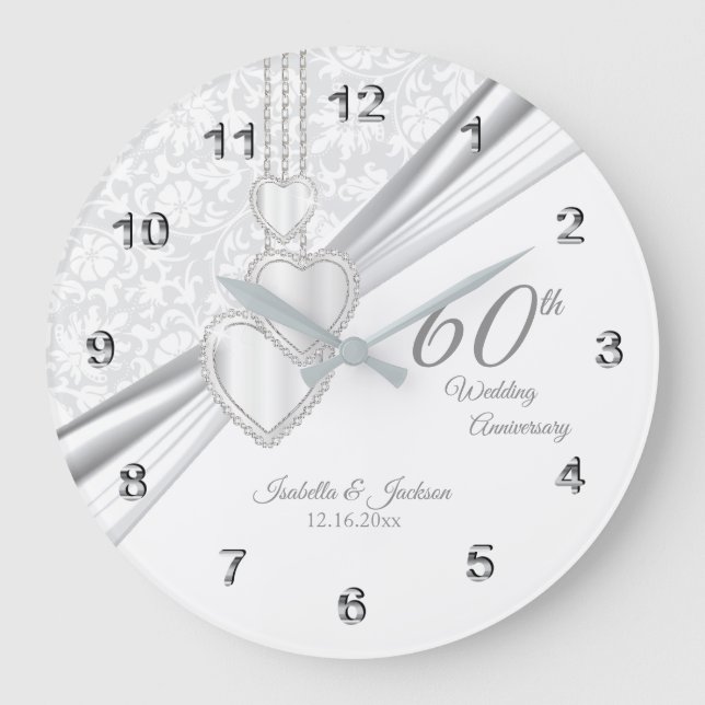60. Diamond Wedding Anniversary Design auf Weiß Große Wanduhr (Vorderseite)