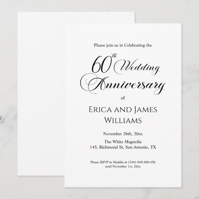 60. Diamond Wedding Anniversary Elegantes Skript Einladung (Vorne/Hinten)
