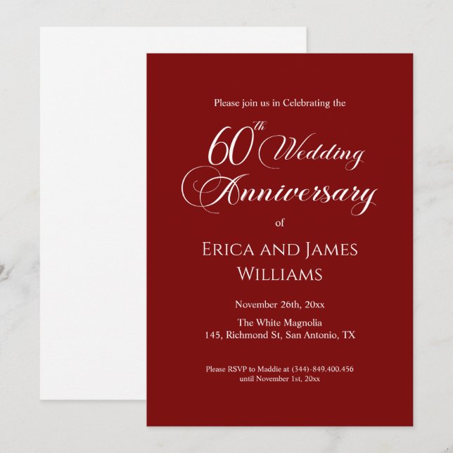 60. Diamond Wedding Anniversary Elegantes Skript Einladung (Vorne/Hinten)