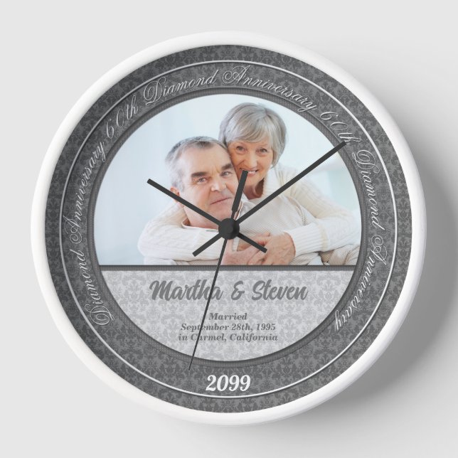 60. Diamond Wedding Anniversary Foto Uhr (Vorderseite)