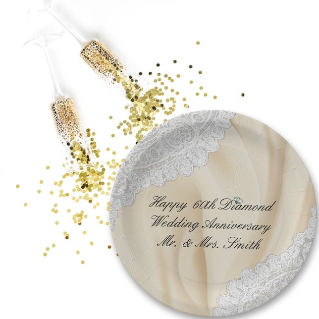 60. Diamond Wedding Anniversary Imitate Satin+Lace Pappteller (Von Creator hochgeladen)