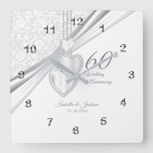 60. Diamond Wedding Anniversary Keepake Quadratische Wanduhr (Vorderseite)