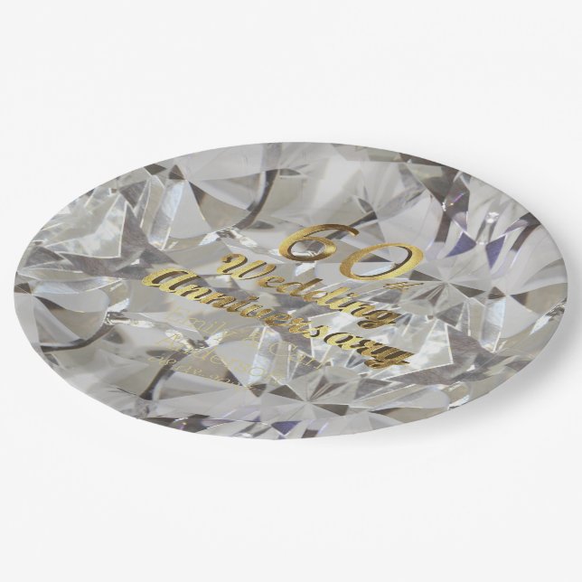 60. Diamond Wedding Jubiläum Gold Typografie Pappteller (Schrägansicht)