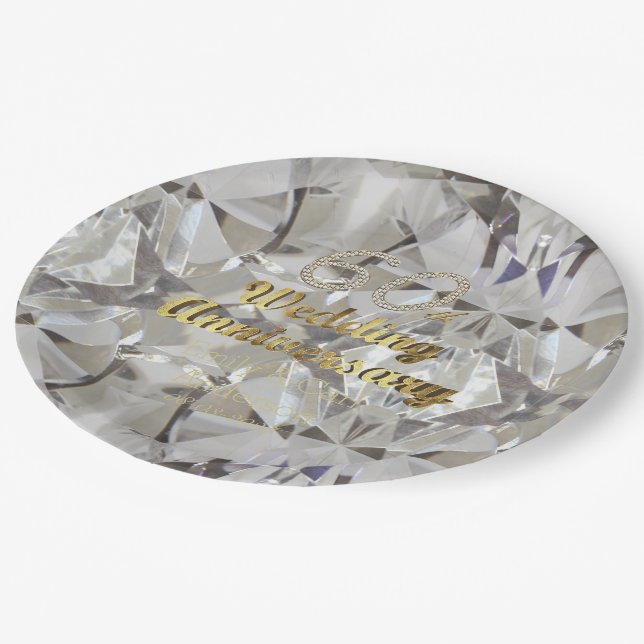 60. Diamond Wedding Jubiläum Gold Typografie Pappteller (Schrägansicht)