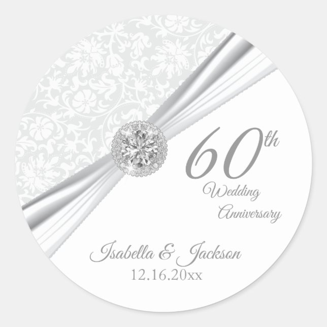 60. Diamond White Wedding Jubiläum Runder Aufkleber (Vorderseite)