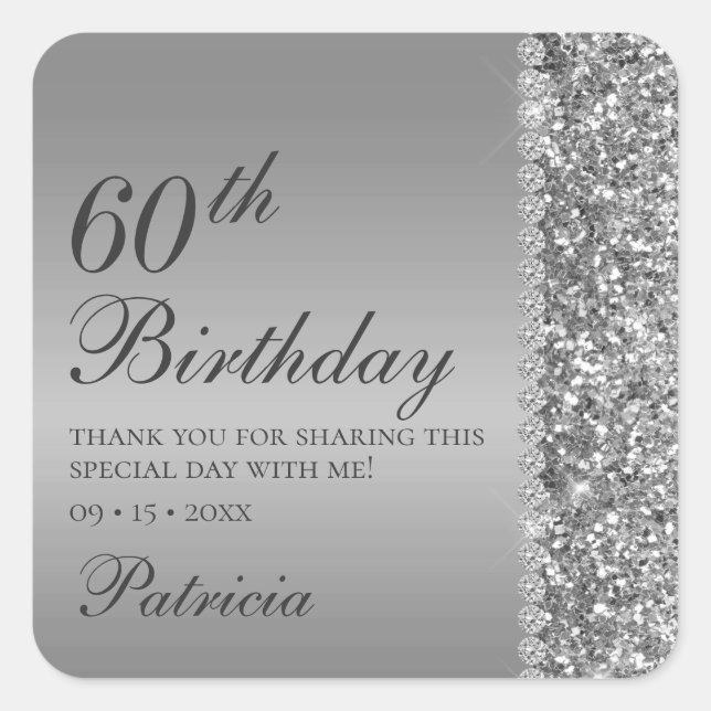 60. Elegant Silver Birthday Quadratischer Aufkleber (Vorderseite)
