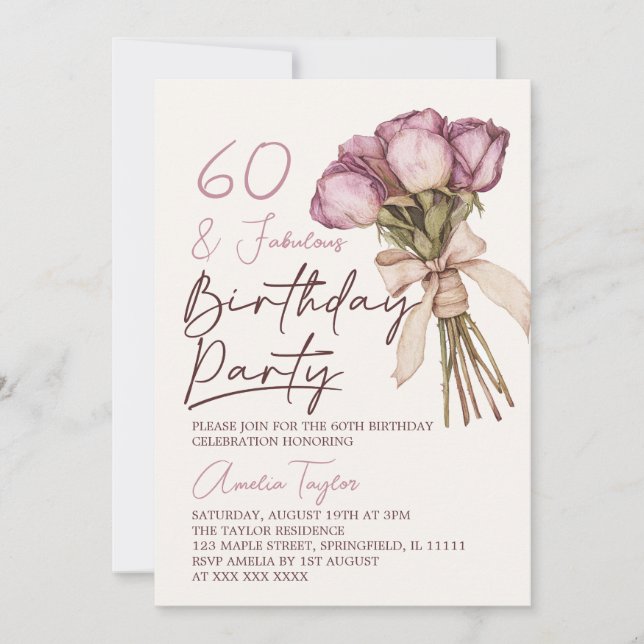 60 Fabelhaftes Elegant Floral Geburtstag Einladung (Vorderseite)