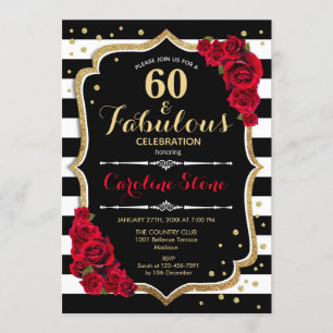 60 Fabulous Birthday - Rose Schwarz-weiß Streifen Einladung