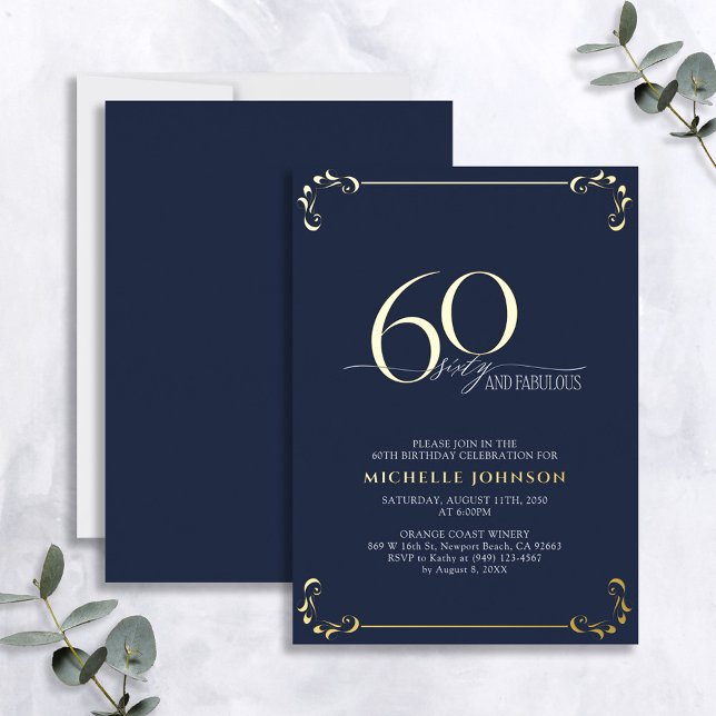 60 & Fabulous Blue & Gold Calligraphy Geburtstag Folieneinladung (Von Creator hochgeladen)