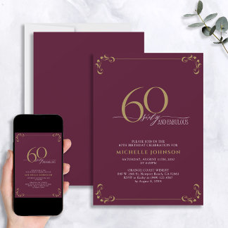 60 & Fabulous Burgundy White & Gold Geburtstag Einladung