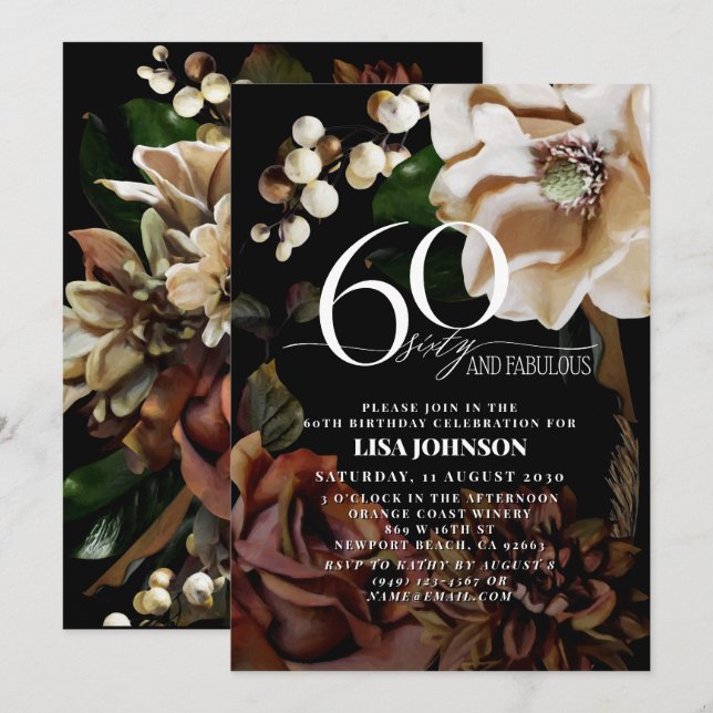 60 & Fabulous Dark Moody Neutral Magnolia Floral Einladung (Vorne/Hinten)