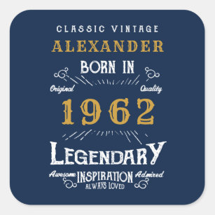 60. Geburtstag 1962 Name Legendary Blue Gold hinzu Quadratischer Aufkleber
