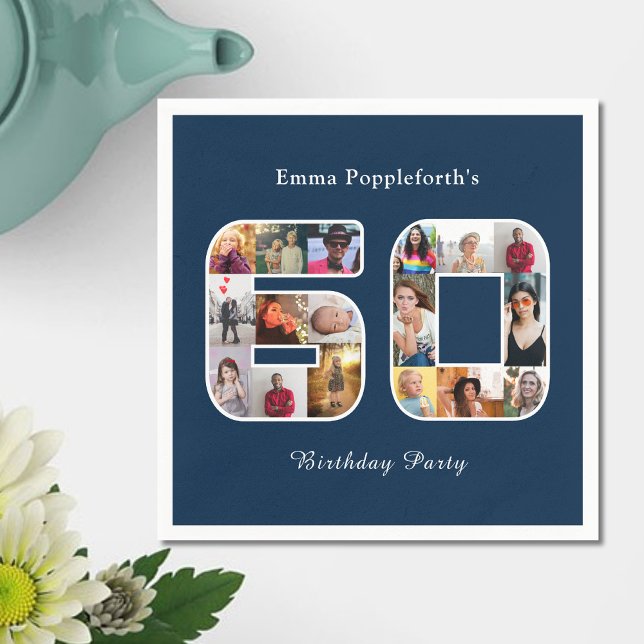 60. Geburtstag 60 Foto Collage Dunkelblau Serviette (Dark Navy Blue 60th birthday party paper napkin. 60 photo collage template.)