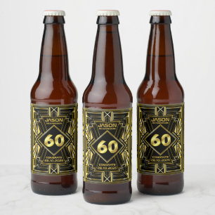 60. Geburtstag Art Deco Gold Black Great Gatsby Bierflaschenetikett