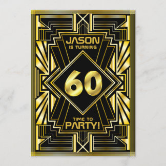 60. Geburtstag Art Déco Gold Black Great Gatsby Einladung