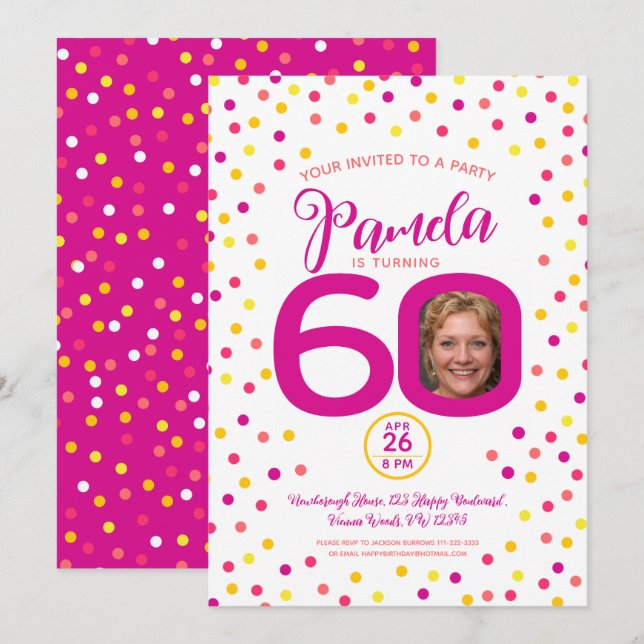 60. Geburtstag benutzerdefinierte Foto rosa gelbe  Einladung (Vorne/Hinten)