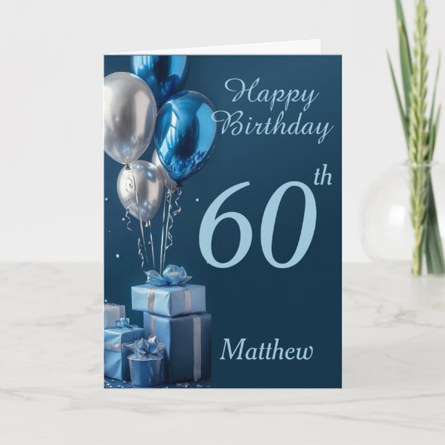 60. Geburtstag Blue Balloons und Geschenke Karte (Vorderseite)