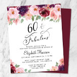 60. Geburtstag Blumenburgund Pink Einladung<br><div class="desc">Elegante,  schicke und preisgünstige 60. Geburtstagsfeier mit "60 & Fabulous" in stilvollen Drehbüchern und Aquarellbouquets in bordeauxrot,  rot-rot,  rot-pink und pflaumenfarbenen lila Blumen mit heller Salbeigrün. Einfach mit ihrem Namen und den Details der sechzigsten Geburtstagsparty personalisieren.</div>