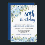 60. Geburtstag Blumennagel Blue Gold Glitzer Dots Einladung<br><div class="desc">60. Geburtstag Navy Blue Script Floral Aquarell Gold Confetti Glitzer Dots Einladung Das Design bietet schöne Aquarellblau und grüne Blumen.</div>
