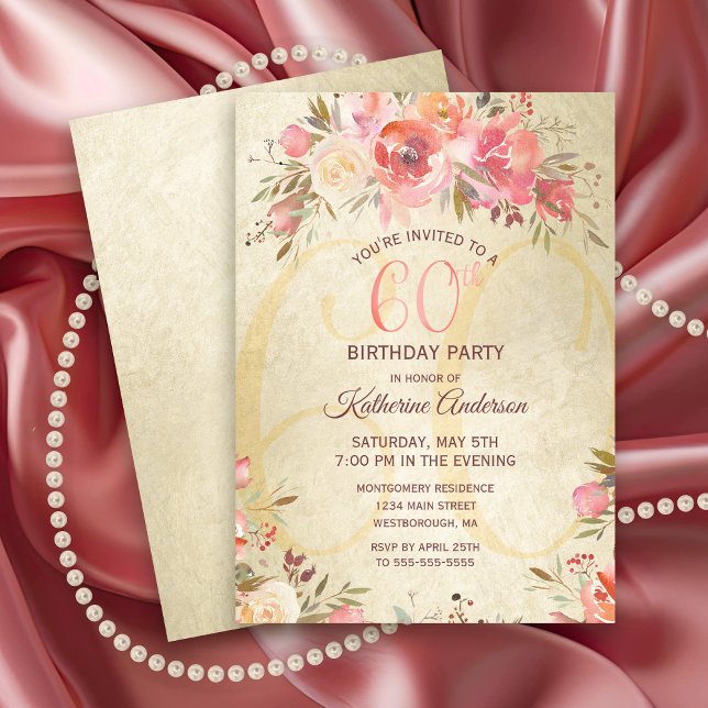 60. Geburtstag Blumenrosa Rosen Goldschimmer Party Einladung (Elegant Pink Roses with Gold Shimmer 60th Birthday Party Invitation)