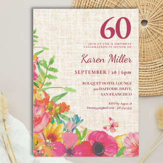 60. Geburtstag Bold Floral Linen Feier Einladung
